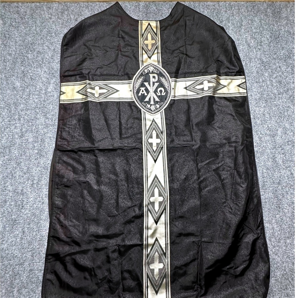 Black Liturgical Chasuble Chi Rho Alpha Omega Gold Embroidered Clergy Vestment